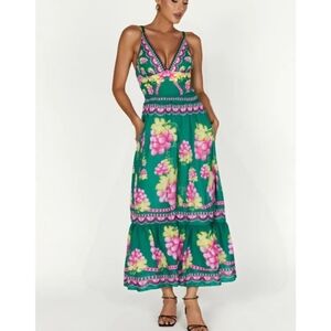 Elegant Floral Maxi Skirt  in Green and Pink